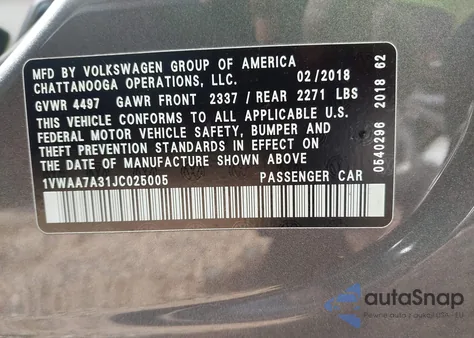 2018 Volkswagen Passat 2.0T R-Line/2.0T S из США, поврежденный, VIN 1VWAA7A31JC025005